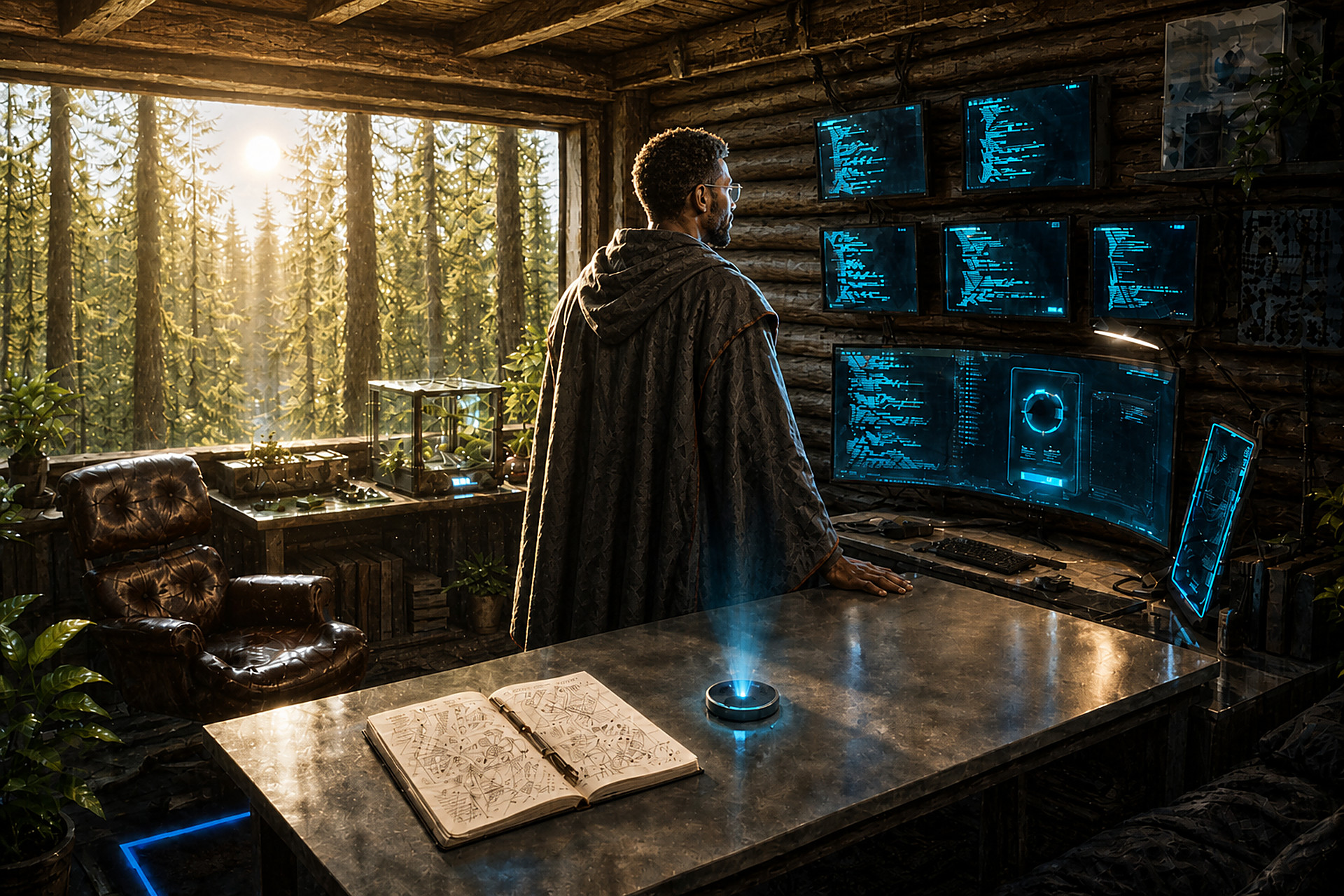 Caelum Mercer in dark robes standing in his cyber-cabin lab during the day