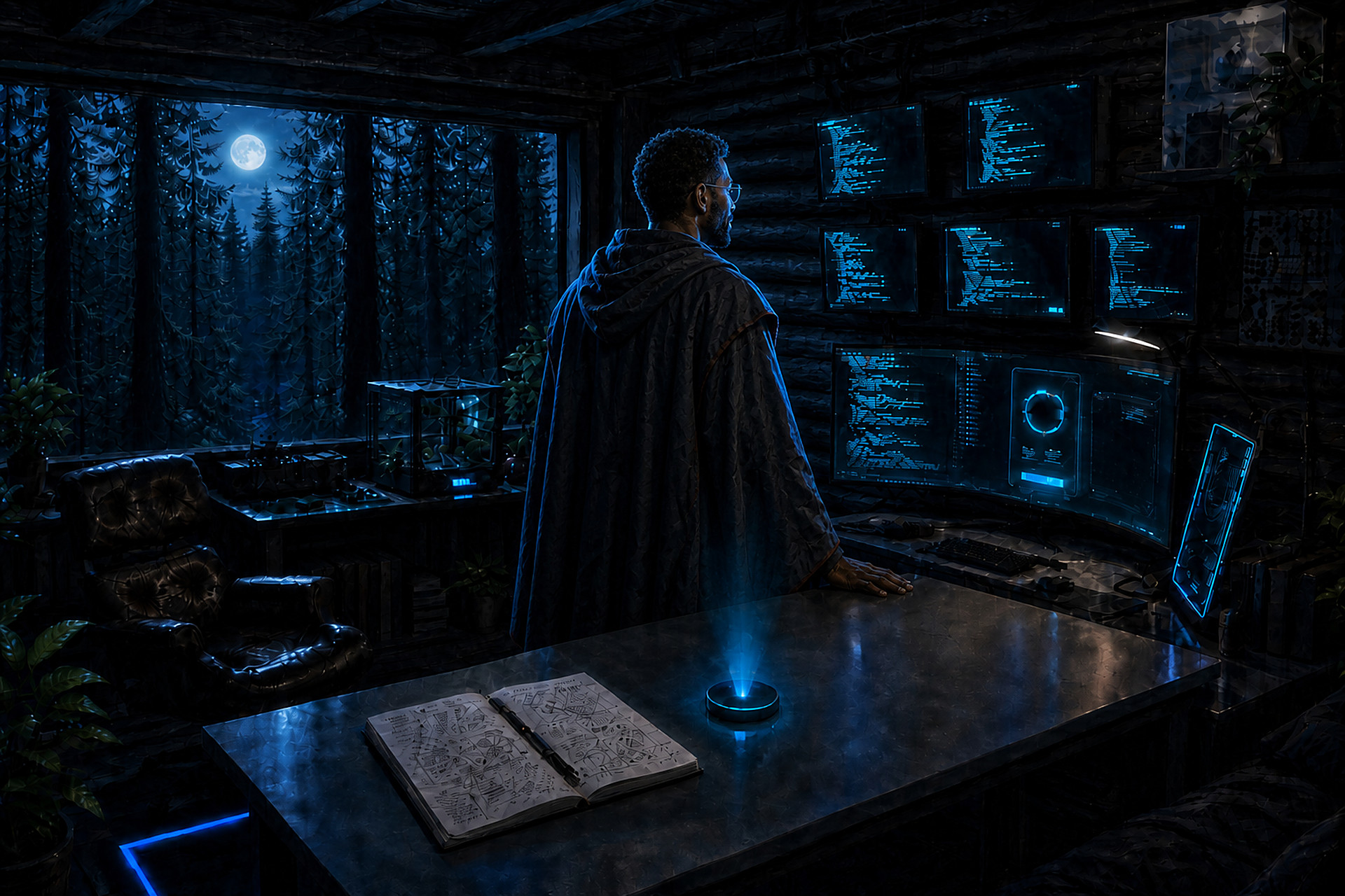 Caelum Mercer in dark robes standing in his cyber-cabin lab at night