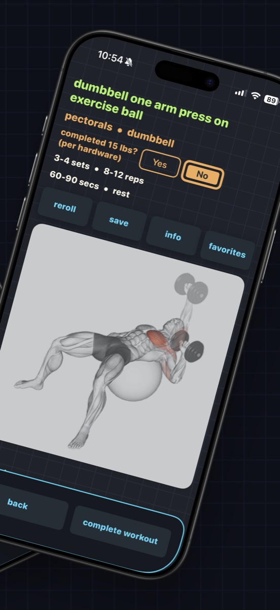 Nimlo exercise screen showing dumbbell press with weight recommendations