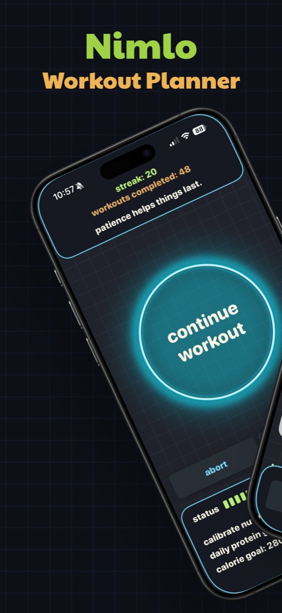 Nimlo home screen with continue workout circle and streak stats